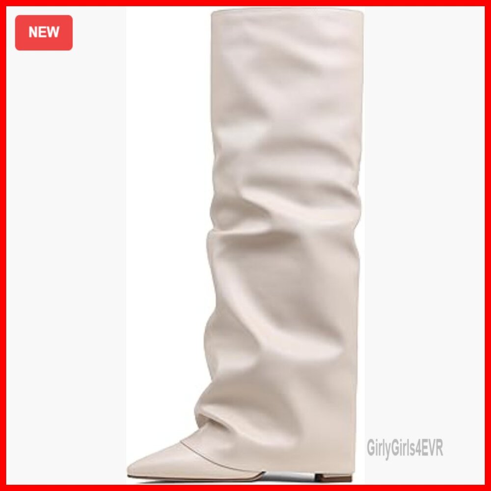 Slouchy Knee High Boots Pointed Toe Fold Over Chunky Heel
